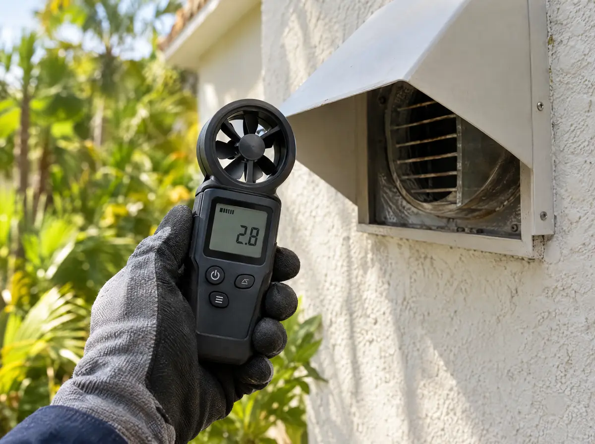Airflow meter held at an outside dryer vent hood