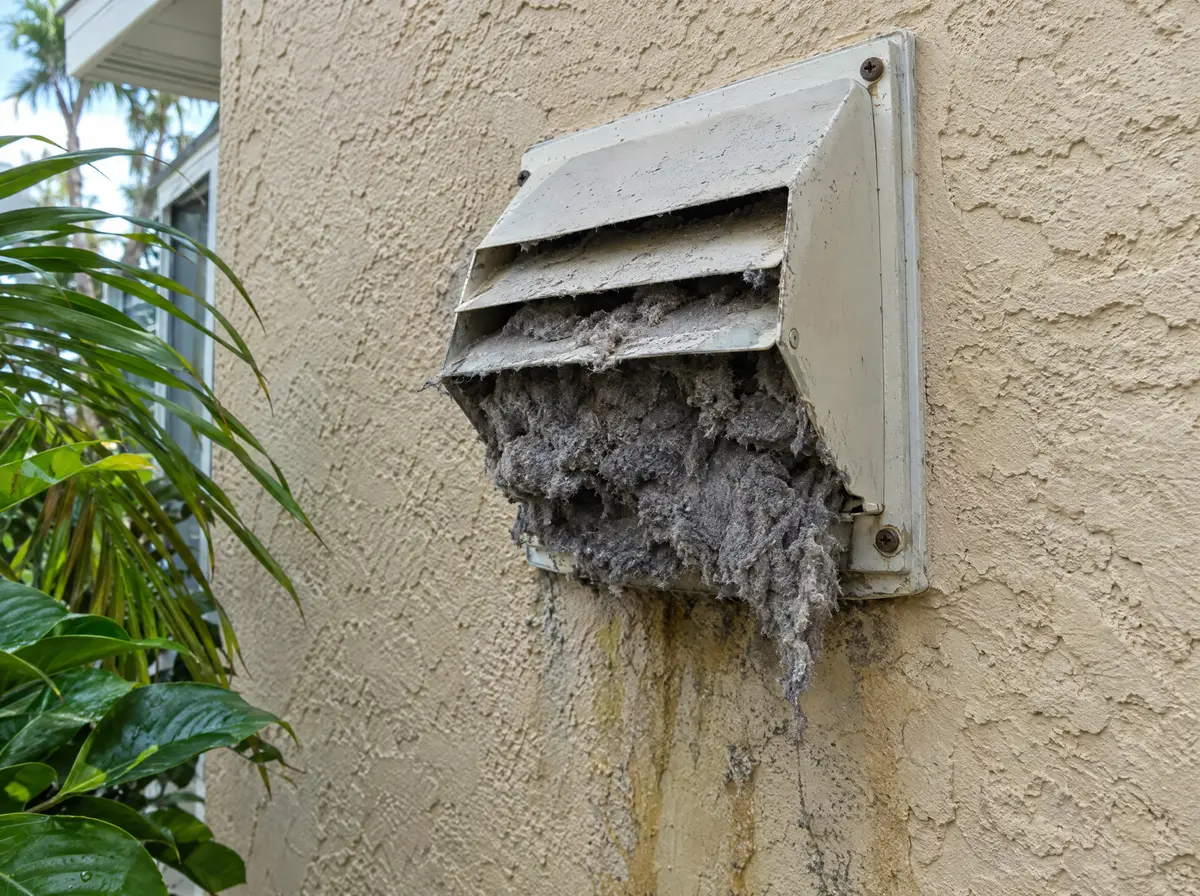 Outside dryer vent hood packed with lint on a stucco wall
