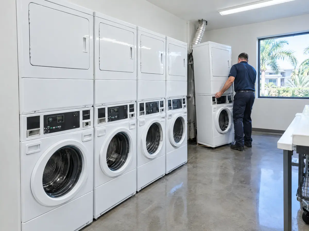 Common laundry room with stacked washers and dryers in a Florida apartment building
