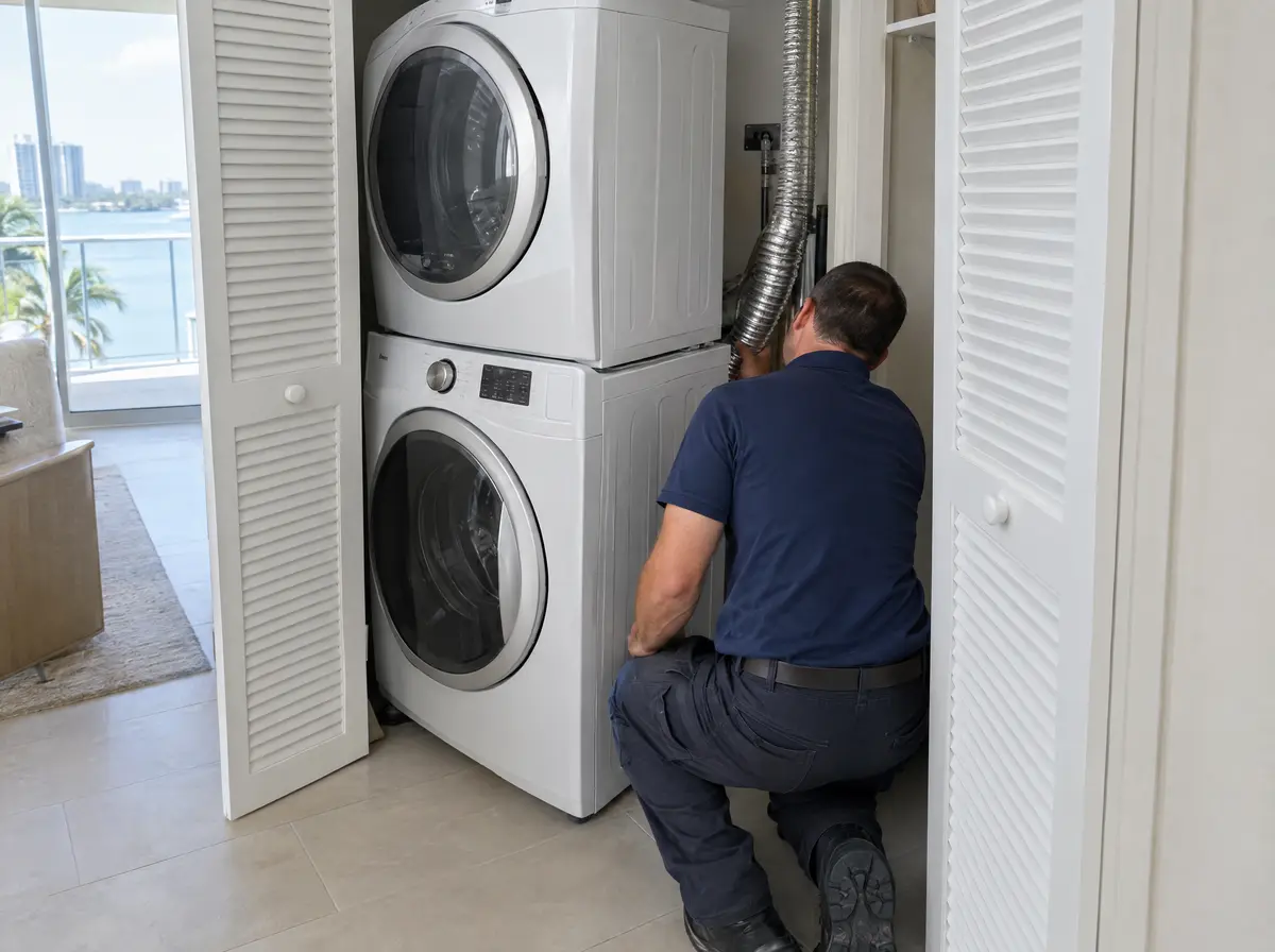 Technician checking the transition duct behind a stacked washer and dryer in a condo closet