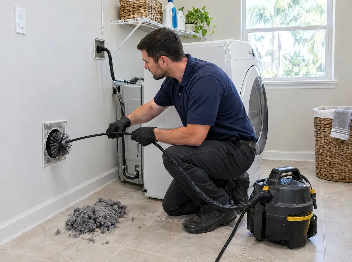 Dryer pulled out and a rotary brush going into the wall duct, lint on the floor