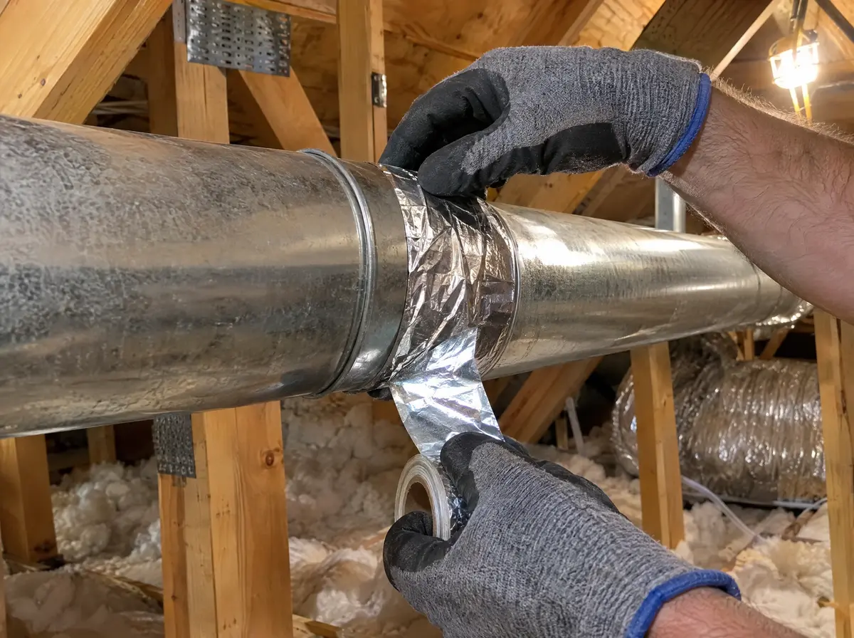 Joint of a new rigid metal dryer duct being sealed with foil tape in an attic