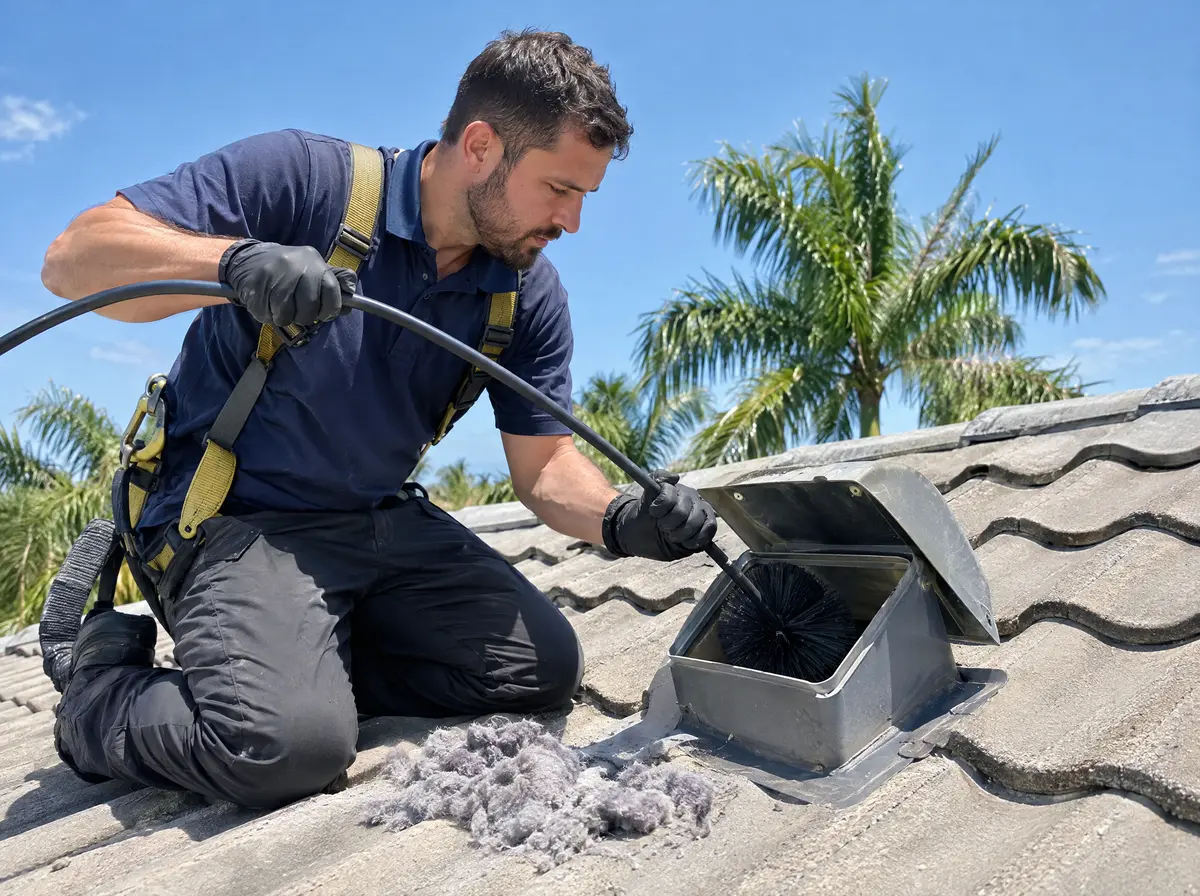 Technician on a tile roof running a brush into a roof dryer vent cap