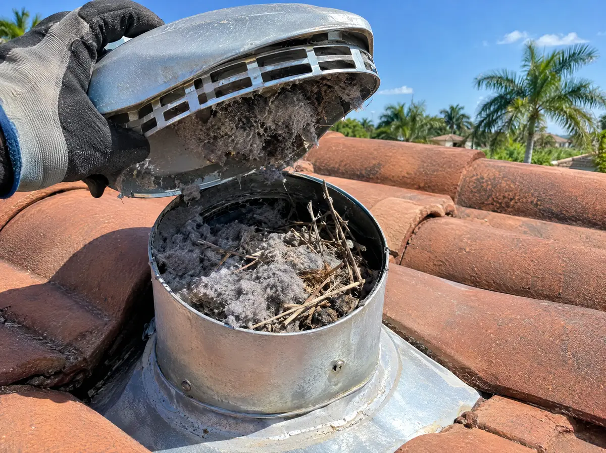 Roof dryer vent cap opened on a tile roof, packed with lint and nest material