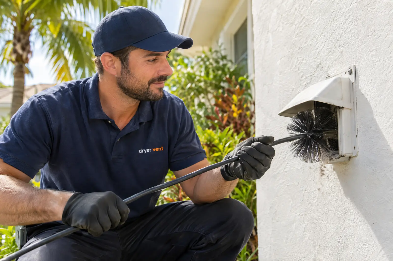 Technician running a rotary brush into an outside dryer vent hood on a Florida home