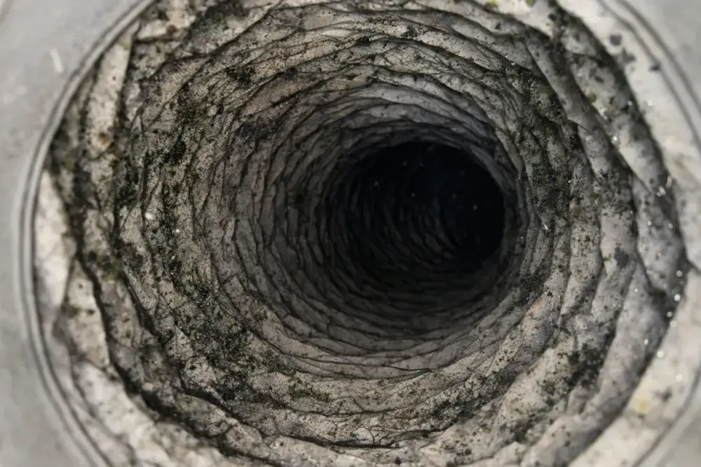 Interior del ducto de la secadora cubierto de pelusa antes de limpiar